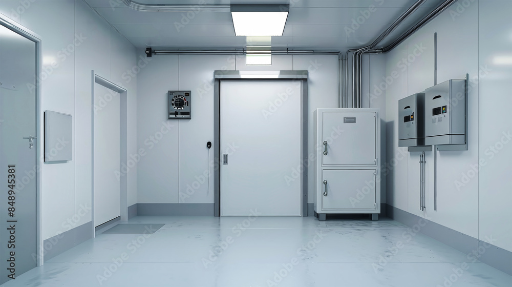 A sterile and white industrial food storage room features a large sliding door leading to a vast freezer A sterile and white industrial food storage room features a large sliding door leading to a vast freezer