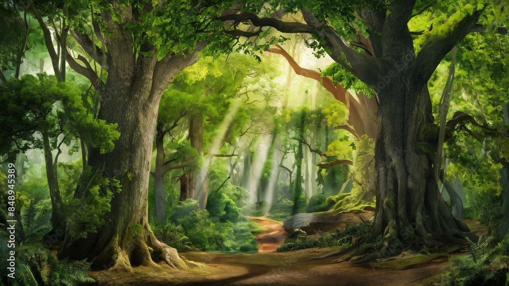 Fototapeta premium A dense, lush forest. Majestic trees stand tall, their branches adorned with vibrant green leaves