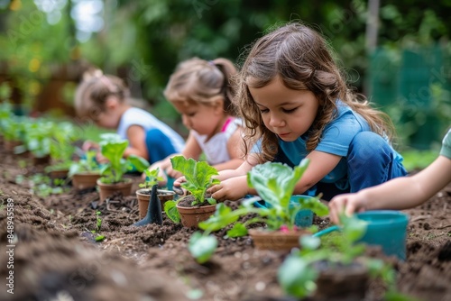 Two Children Planting Seeds in Garden Bed on Sunny Day