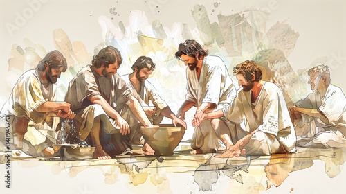 A watercolor illustration depicting Jesus kneeling and washing the feet of his disciples, demonstrating humility and service photo