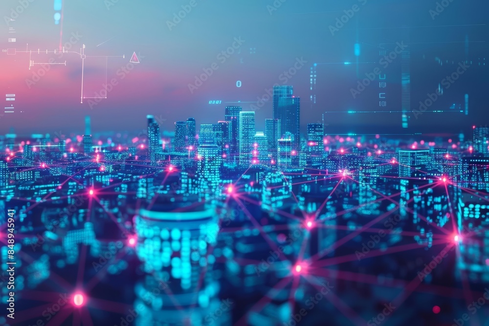 City of the future with a skyline merging into a network of glowing digital nodes and lines, hyper-realistic detail, advanced tech, vibrant urban environment