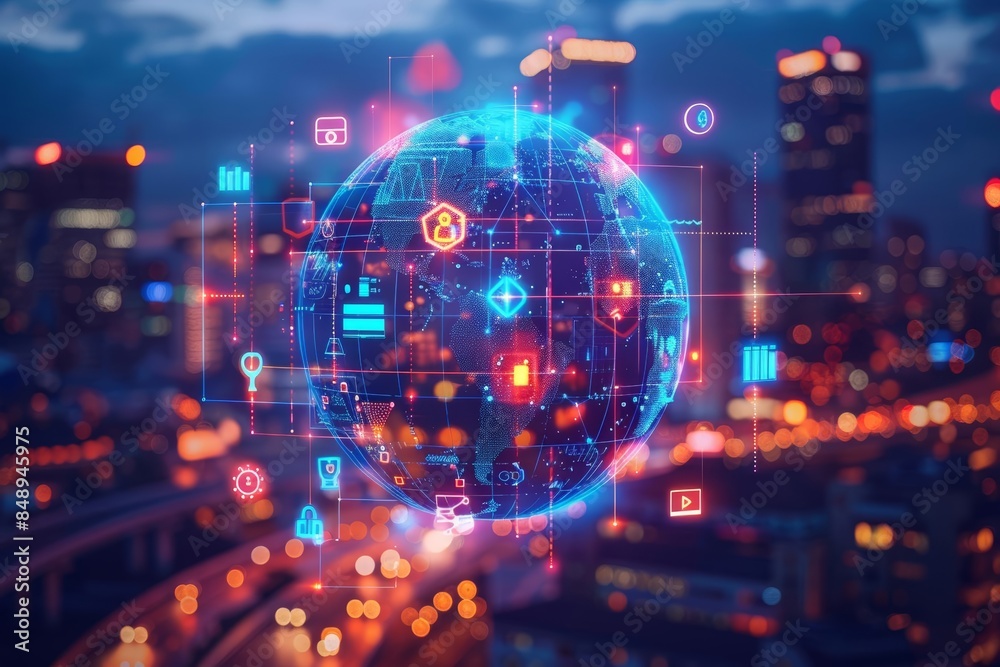 Creative glowing polygonal globe hologram with various digital icons overlaid on a blurred cityscape Creative glowing polygonal globe hologram with various digital icons overlaid on a blurred cityscape