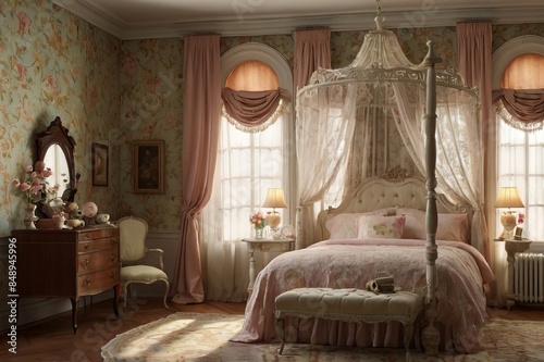 A luxurious vintage bedroom with ornate furniture, floral wallpaper, and elegant drapery. The room features a large bed with a tufted headboard, a chandelier, and a dresser with a mirror.