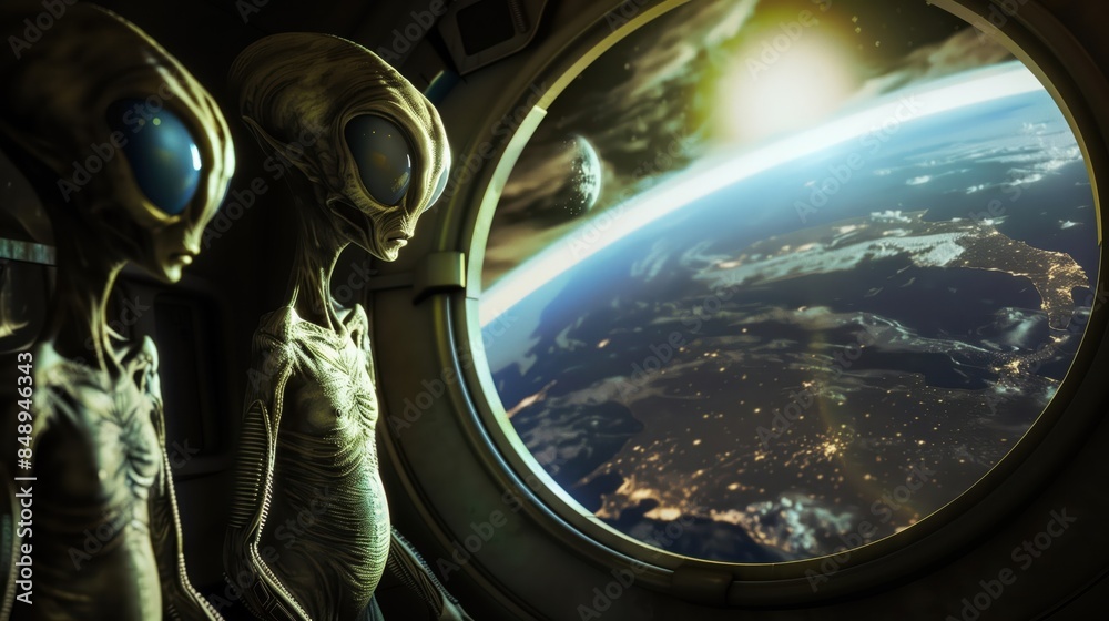 Two alien beings look through a porthole at the Earth from space. Two alien beings look through a porthole at the Earth from space.