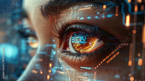 Human eye blending with a digital interface overlay, seamlessly integrated with a holographic display, ultra-realistic rendering, advanced tech aesthetics photo
