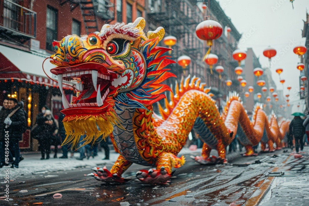 Fototapeta premium Traditional Dragon Dance Performance in a Chinese City Street