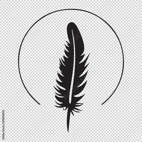Simple flat feather doodle symbol, black vector illustration on transparent background