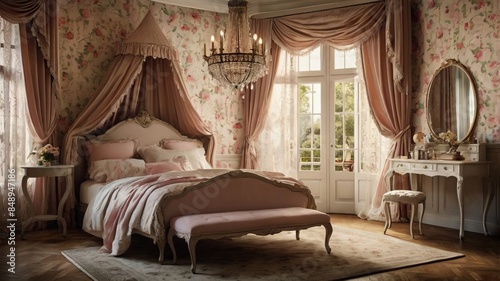 A luxurious vintage bedroom with ornate furniture, floral wallpaper, and elegant drapery. The room features a large bed with a tufted headboard, a chandelier, and a dresser with a mirror.