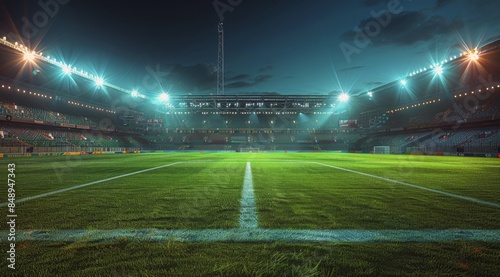 Empty Football Stadium Field at Night Under Bright Lights