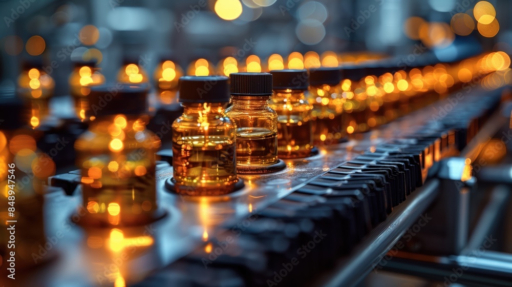 Amber Vials on Automated Production Line. Amber vials are lined up on an automated production line in a high-tech laboratory setting, ready for processing. Amber Vials on Automated Production Line. Amber vials are lined up on an automated production line in a high-tech laboratory setting, ready for processing.