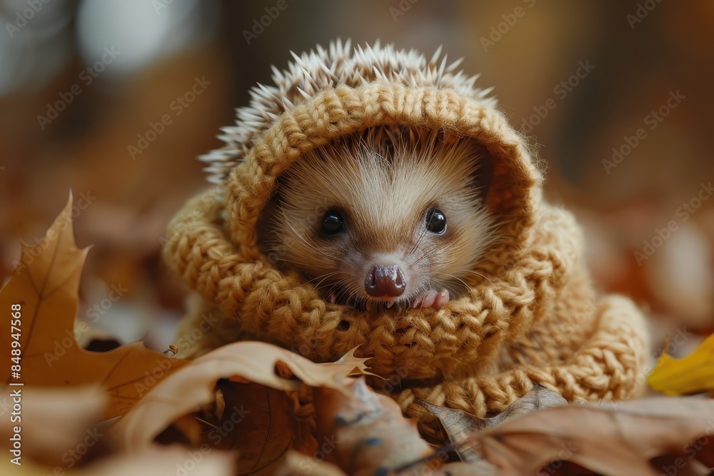 Baby Hedgehog: A tiny baby hedgehog with soft quills, curled up into a ball on a bed of fallen leaves. Baby Hedgehog: A tiny baby hedgehog with soft quills, curled up into a ball on a bed of fallen leaves.