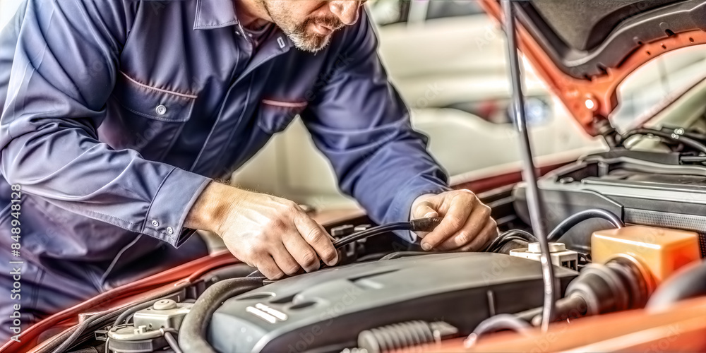An auto mechanic makes a diagnosis of a car in a car repair shop. An auto mechanic makes a diagnosis of a car in a car repair shop.