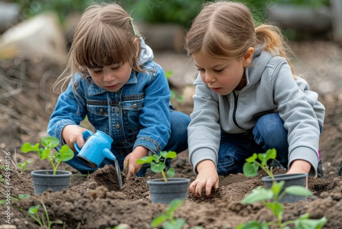 Two Children Planting Seeds in Garden Bed on Sunny Day