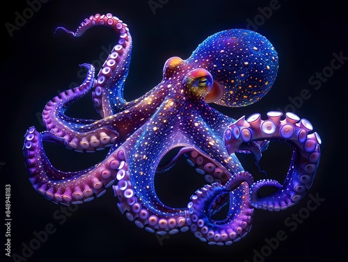 Neon Octopus with Glowing Tentacles Swimming in Ethereal Underwater Realm
