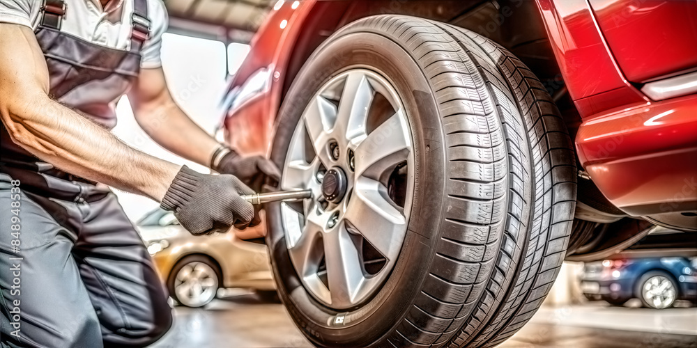 Mechanic Working on Car Tire. The technician is wearing a gray uniform and appears to be focused on the task at hand, using tools to maintain or repair the vehicle.