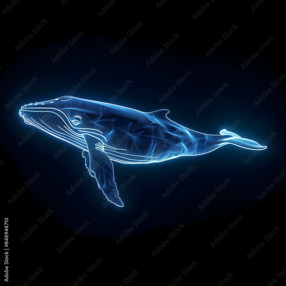 Neon Whale Swimming in Ethereal Underwater Seascape with Vibrant Luminous Body Outline Neon Whale Swimming in Ethereal Underwater Seascape with Vibrant Luminous Body Outline