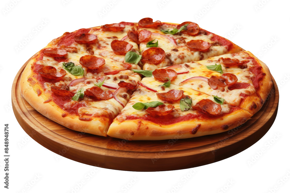 Culinary Delight: A Perfectly Baked Pizza Resting on a Rustic Wooden Cutting Board on a Clear PNG or White Background. Culinary Delight: A Perfectly Baked Pizza Resting on a Rustic Wooden Cutting Board on a Clear PNG or White Background.