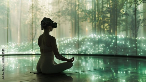 Woman meditating with VR headset in forest-like virtual reality environment. Enhancing mindfulness through technology and virtual nature.