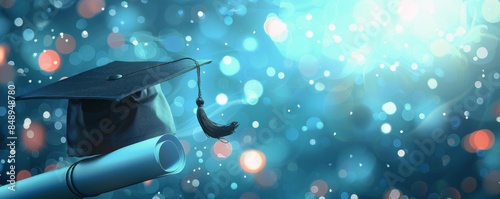 Graduation Cap And Diploma On Blue Bokeh Background