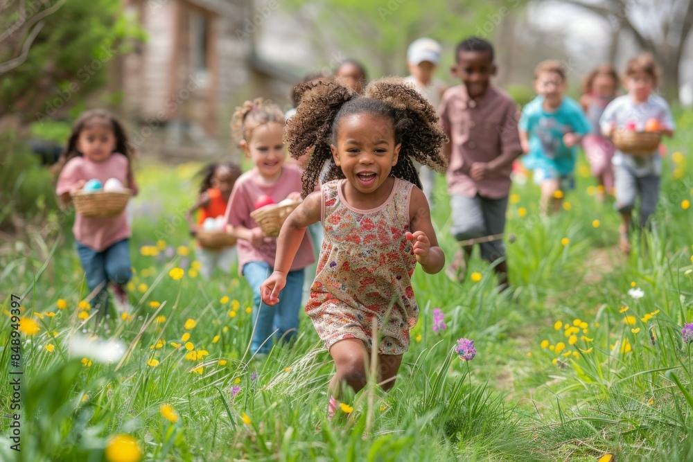 Fototapeta premium Happy Child Running During Easter Egg Hunt in Green Grass