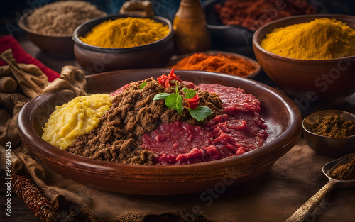 Ethiopian kitfo, minced raw beef, spiced butter, injera, vibrant clay plate photo