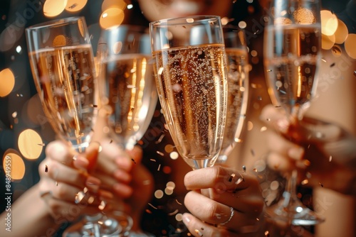 Close Up of Sparkling Wine Toasts at a Celebration