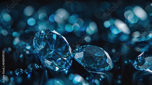 Shiny blue diamonds and brilliant gemstones sparkle against a dark background, their facets reflecting light and creating a mesmerizing texture.