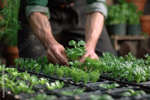 A Hand Gently Touches a Row of Freshly Sprouted Seedlings in a Greenhouse