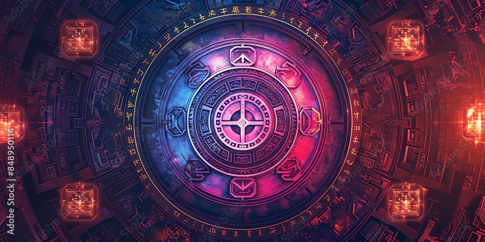 Obraz premium A circular, mystical design inspired by the I Ching, with ancient Chinese symbols and hexagrams. The center features the Taiji (Yin-Yang) symbol, surrounded by an intricate pattern of trigrams.