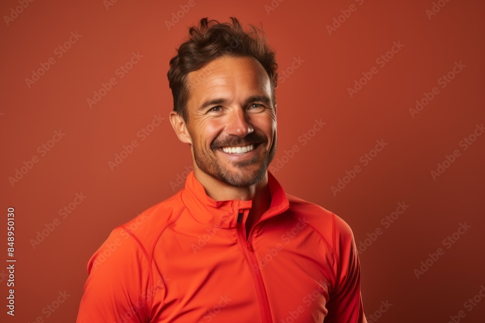 Portrait of a smiling man in his 30s sporting a technical climbing shirt in solid color backdrop Portrait of a smiling man in his 30s sporting a technical climbing shirt in solid color backdrop