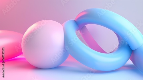3D rendering of a blue torus and a pink sphere on a pink background. The torus is wrapped around the sphere. © Nijat