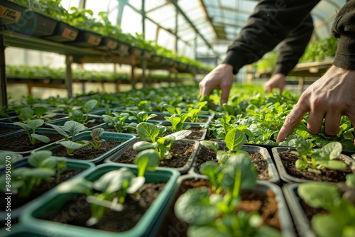 A Hand Gently Touches a Row of Freshly Sprouted Seedlings in a Greenhouse