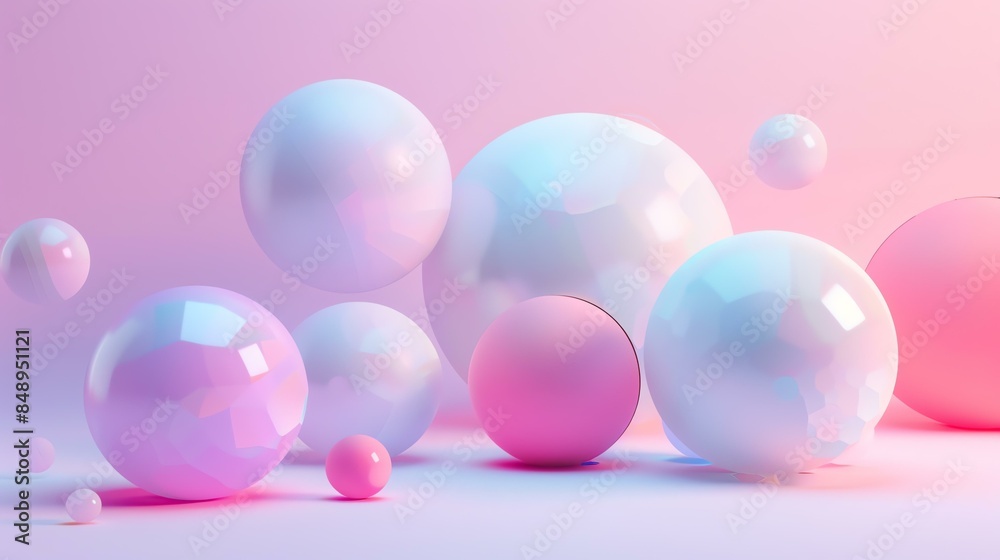 3D rendering of a soft pastel pink and blue abstract background with floating spheres.