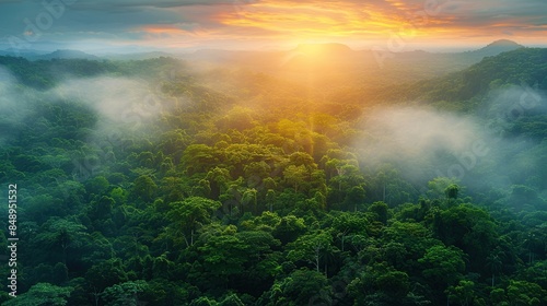 Aerial view of the lush green wilderness full of large trees is beautiful at sunset. The surface of the forest is shrouded in mist with warm sunlight. © Izzuddin