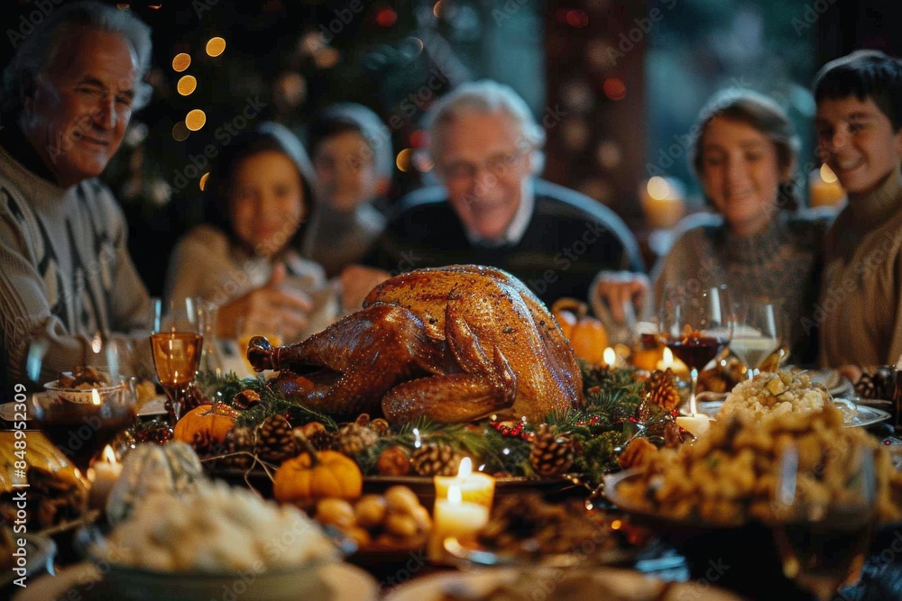 Family Gathering Around A Roasted Turkey During A Festive Holiday Dinner Family Gathering Around A Roasted Turkey During A Festive Holiday Dinner