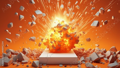 A powerful explosion bursts forth from a stark white, rectangular hole in an intense orange backdrop, hurling flaming rocks and debris in all directions. photo