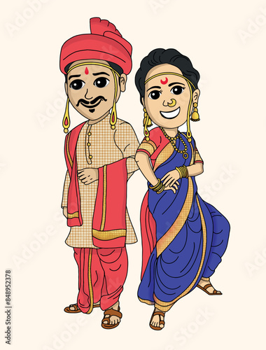 Indian bride and groom cartoon character vector illustration 