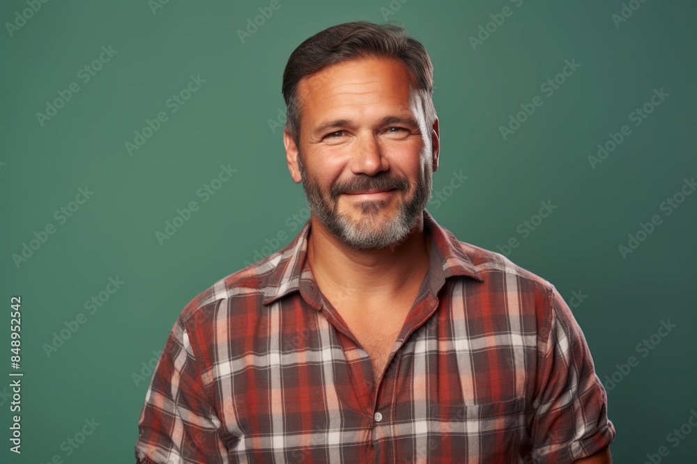 Portrait of a satisfied man in his 40s wearing a comfy flannel shirt over solid color backdrop Portrait of a satisfied man in his 40s wearing a comfy flannel shirt over solid color backdrop
