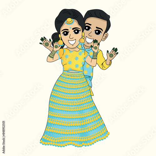 Indian bride and groom cartoon character vector illustration 