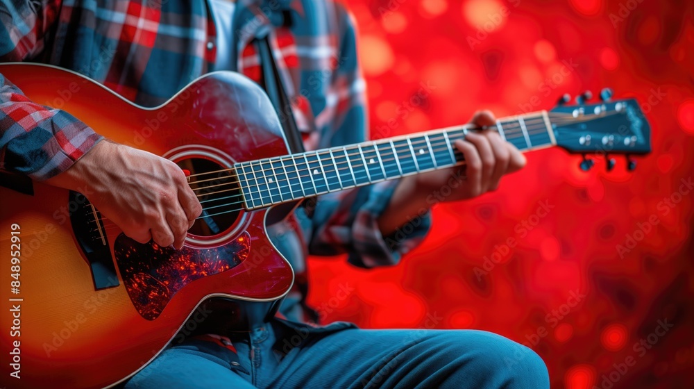 Obraz premium Man playing an acoustic guitar. Close-up of hands strumming the guitar with a red background. Concept of music and passion.