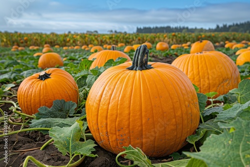 Ripe Pumpkins Growing in a Field on a Sunny Day