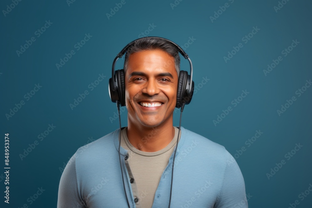 Portrait of a smiling indian man in his 40s donning a classy polo shirt in solid color backdrop Portrait of a smiling indian man in his 40s donning a classy polo shirt in solid color backdrop