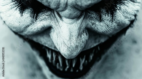 Monster teeth close-up, horror halloween jaw.  evil smile concept for designer photo