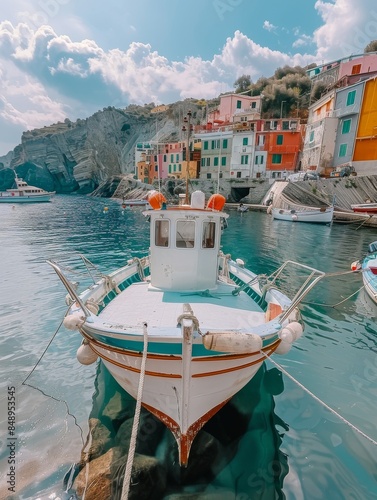 Small White Boat Docked in Italian Harbor on Sunny Day