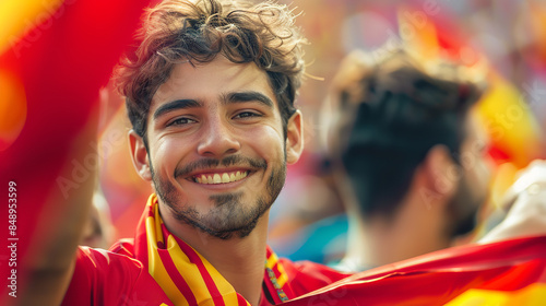 Amidst the excitement of the football stadium, a smiling Spanish fan stands out, radiating enthusiasm and passion for the game