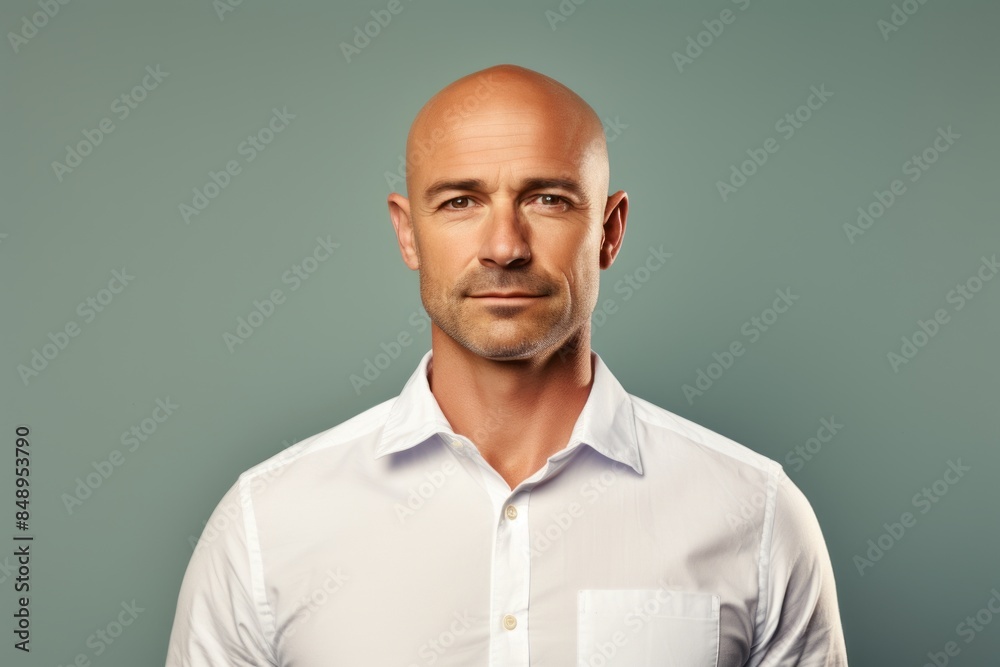 Portrait of a content man in his 40s wearing a simple cotton shirt while standing against solid color backdrop Portrait of a content man in his 40s wearing a simple cotton shirt while standing against solid color backdrop