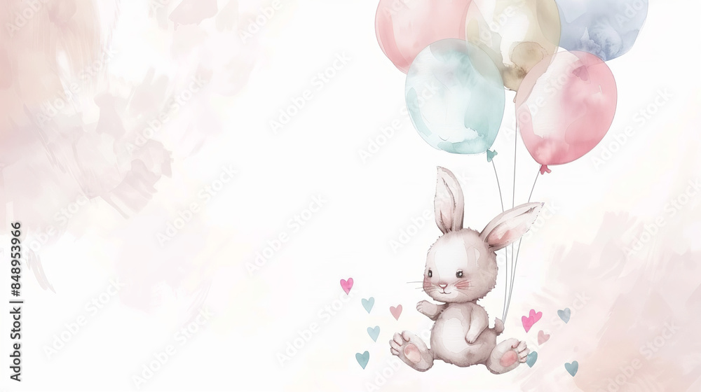 copy space, illustration, watercolor style, cute rabbity with balloons, birth card invitation