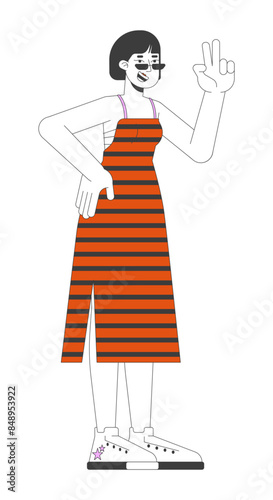 Cheerful asian woman with v gesture 2D linear cartoon character. Happy japanese lady shows positive emotions isolated line vector person white background. Having some fun color flat spot illustration