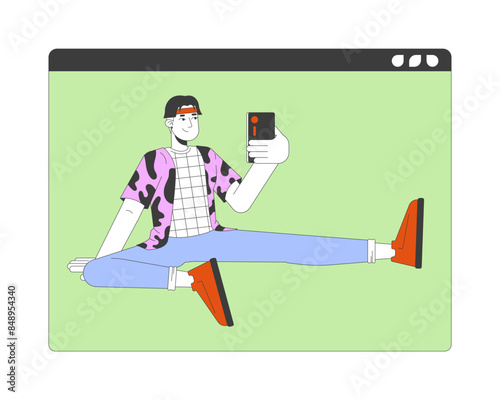 Asian man blogger with smartphone online 2D linear cartoon character. Happy japanese male conducting streaming isolated line vector person white background. Social media color flat spot illustration