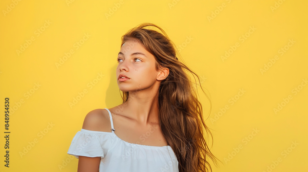 In a captivating photo portrait, an attractive young girl with a dreamy look gazes into the distance. She stands isolated against a radiant yellow background In a captivating photo portrait, an attractive young girl with a dreamy look gazes into the distance. She stands isolated against a radiant yellow background
